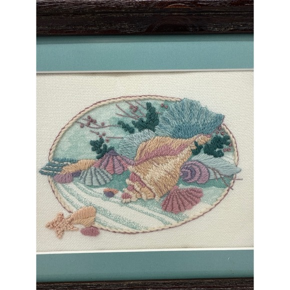 Framed Seashell Crewel Embroidery Art Coastal Beach Decor Nautical Home Accent - Picture 2 of 5